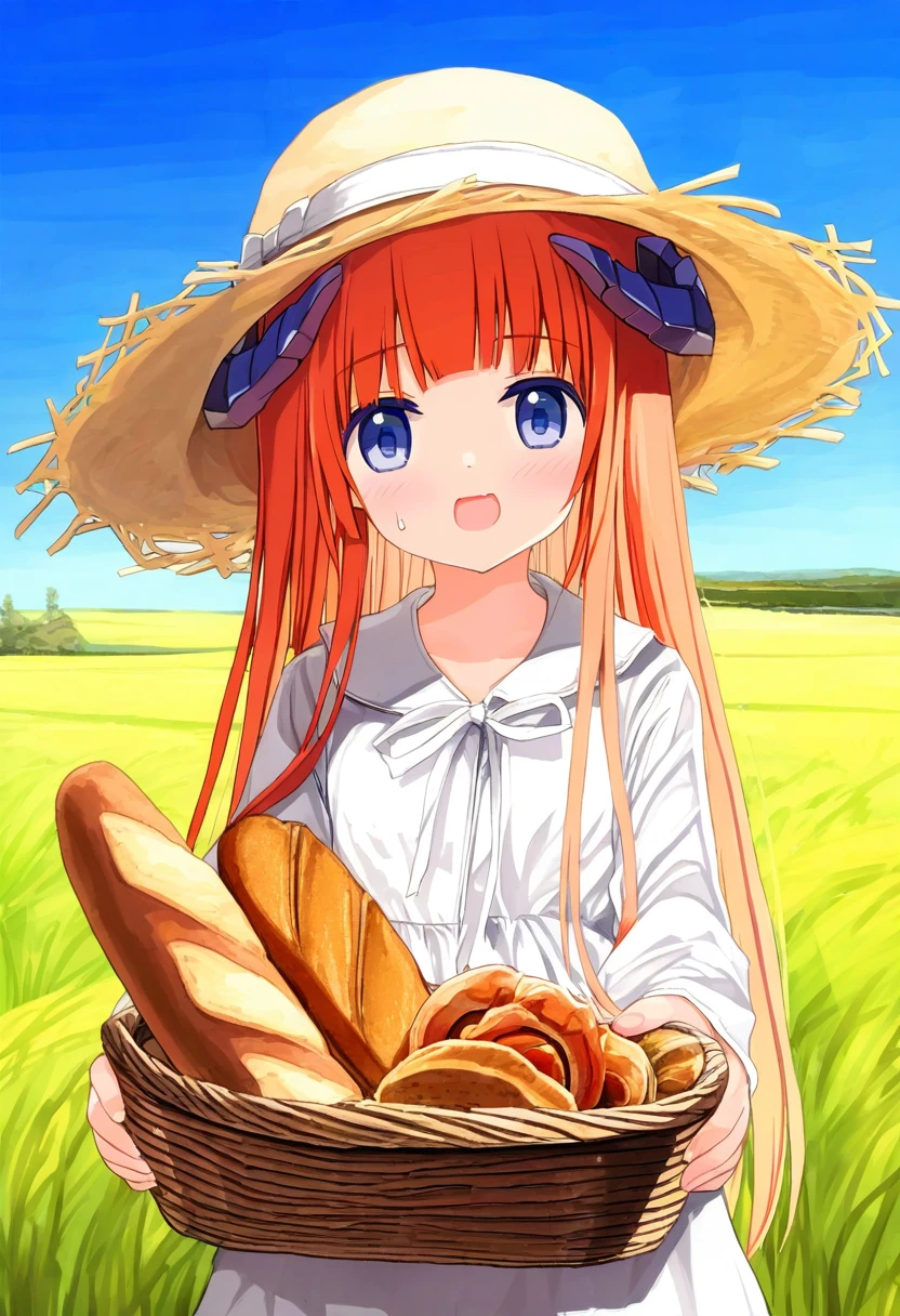 (ishikei,ryou\(ryoutarou\),yuuhagi \(amaretto-no-natsu\),refeia,cierra\(ra-bit\)), - 1girl,bagpipe \(arknights\),arknights,baguette,blush,bread,croissant,holding basket,pretzel,upper body,straw hat,field,sky,laughing,sweat,sunlight,