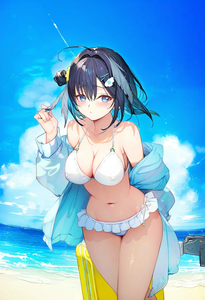 (miyase mahiro,creayus,binggong asylum,demizu posuka,namie,cui \(jidanhaidaitang\)), - 1girl,la pluma \(summer flowers\) \(arknights\),arknights,white bikini,outdoors,navel,day,sky,blue sky,beach,suitcase,looking at viewer,ocean,low-tied long hair,leaning forward,standing,holding,frills,hand up,bare shoulders,floating hair,