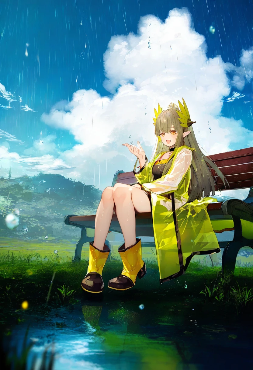 (miyase mahiro,creayus,binggong asylum,demizu posuka,namie,cui \(jidanhaidaitang\)), - 1girl,muelsyse \(arknights\),arknights,cloudy sky,grass,on bench,outdoors,rain,road,yellow rubber boots,see-through coat,sitting,transparent raincoat,water drop,