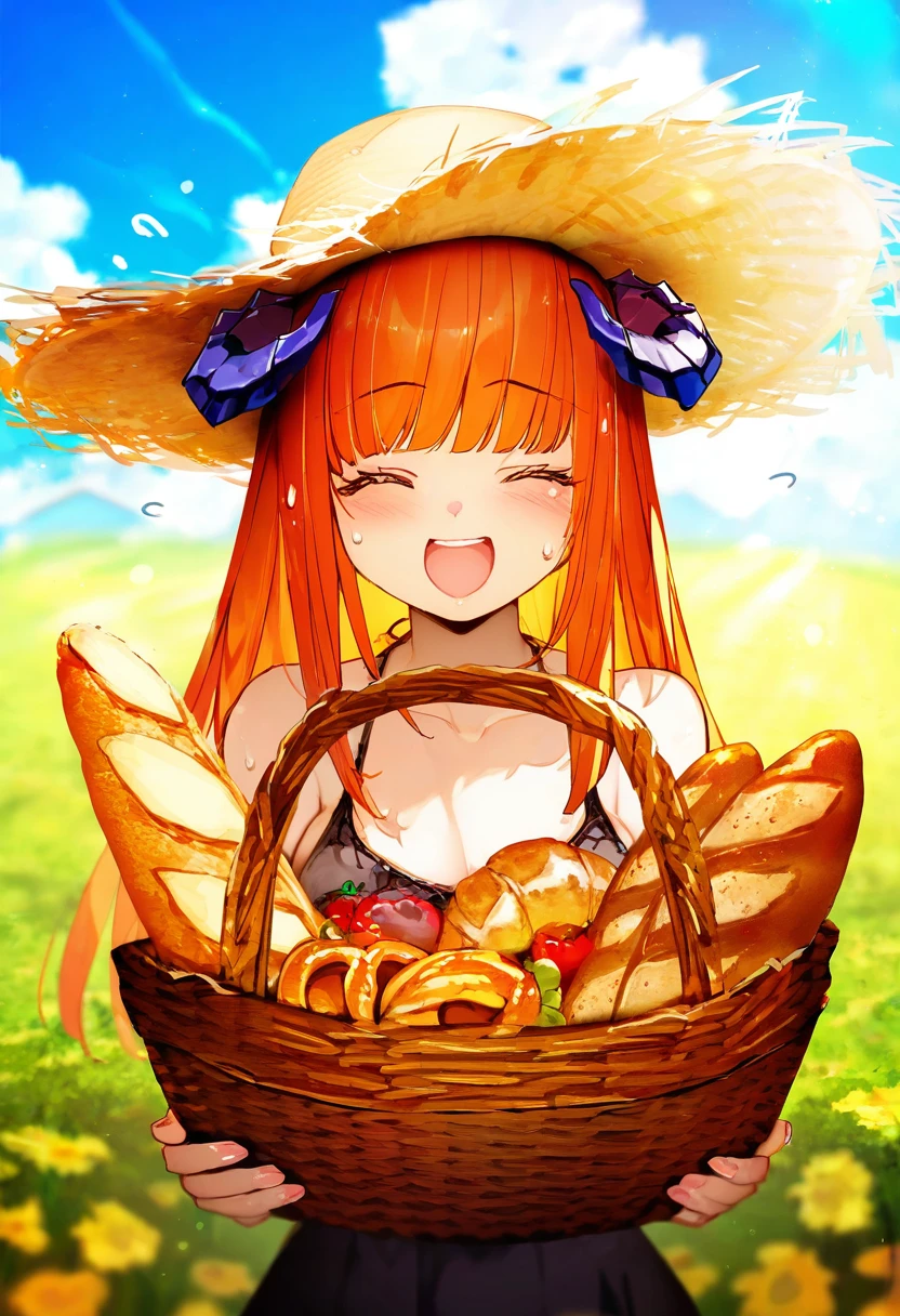 (miyase mahiro,creayus,binggong asylum,demizu posuka,namie,cui \(jidanhaidaitang\)), - 1girl,bagpipe \(arknights\),arknights,baguette,blush,bread,croissant,holding basket,pretzel,upper body,straw hat,field,sky,laughing,sweat,sunlight,