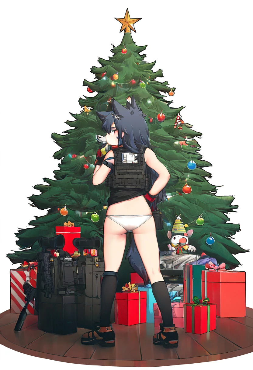 (mandrill,miv4t,rebecca \(keinelove\),missile228,akakura), - 1girl,texas \(arknights\),arknights,underwear,tactical vest,christmas tree,christmas ornaments,
