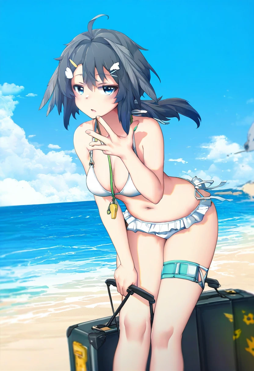 (mandrill,miv4t,rebecca \(keinelove\),missile228,akakura), - 1girl,la pluma \(summer flowers\) \(arknights\),arknights,white bikini,outdoors,navel,day,sky,blue sky,beach,suitcase,looking at viewer,ocean,low-tied long hair,leaning forward,standing,holding,frills,hand up,bare shoulders,floating hair,