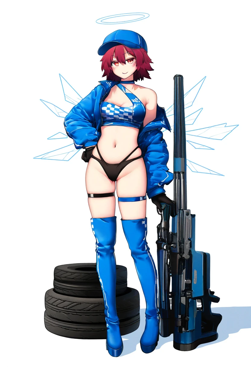 (mandrill,miv4t,rebecca \(keinelove\),missile228,akakura), - 1girl,exusiai \(arknights\),arknights,black gloves,black panties,blue thigh boots,blue hat,blue jacket,long sleeves,race queen,thigh strap,thong,single bare shoulder,skindentation,tire,