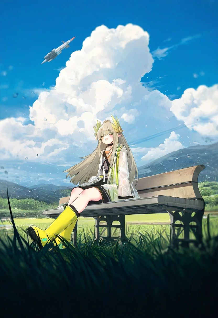 (mandrill,miv4t,rebecca \(keinelove\),missile228,akakura), - 1girl,muelsyse \(arknights\),arknights,cloudy sky,grass,on bench,outdoors,rain,road,yellow rubber boots,see-through coat,sitting,transparent raincoat,water drop,