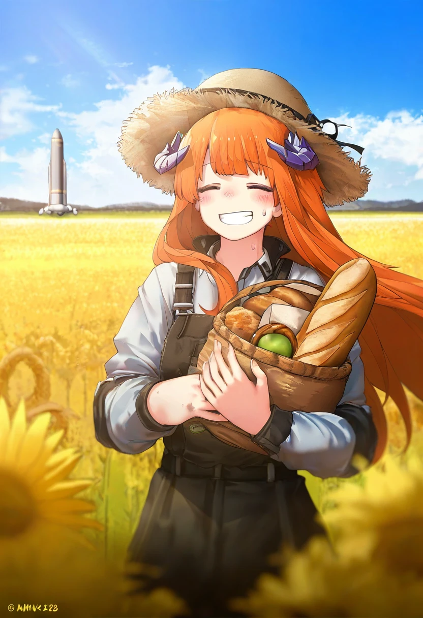 (mandrill,miv4t,rebecca \(keinelove\),missile228,akakura), - 1girl,bagpipe \(arknights\),arknights,baguette,blush,bread,croissant,holding basket,pretzel,upper body,straw hat,field,sky,laughing,sweat,sunlight,