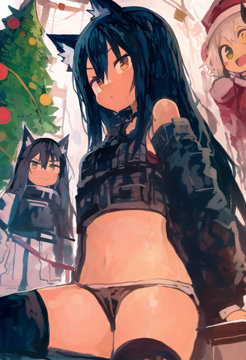 (kaamin \(mariarose753\),sy4,meito \(maze\),cierra\(ra-bit\),shexyo), - 1girl,texas \(arknights\),arknights,underwear,tactical vest,christmas tree,christmas ornaments,