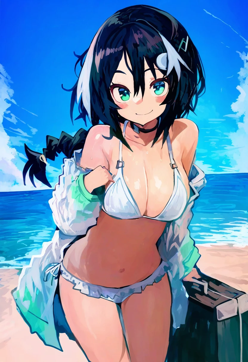 (kaamin \(mariarose753\),sy4,meito \(maze\),cierra\(ra-bit\),shexyo), - 1girl,la pluma \(summer flowers\) \(arknights\),arknights,white bikini,outdoors,navel,day,sky,blue sky,beach,suitcase,looking at viewer,ocean,low-tied long hair,leaning forward,standing,holding,frills,hand up,bare shoulders,floating hair,