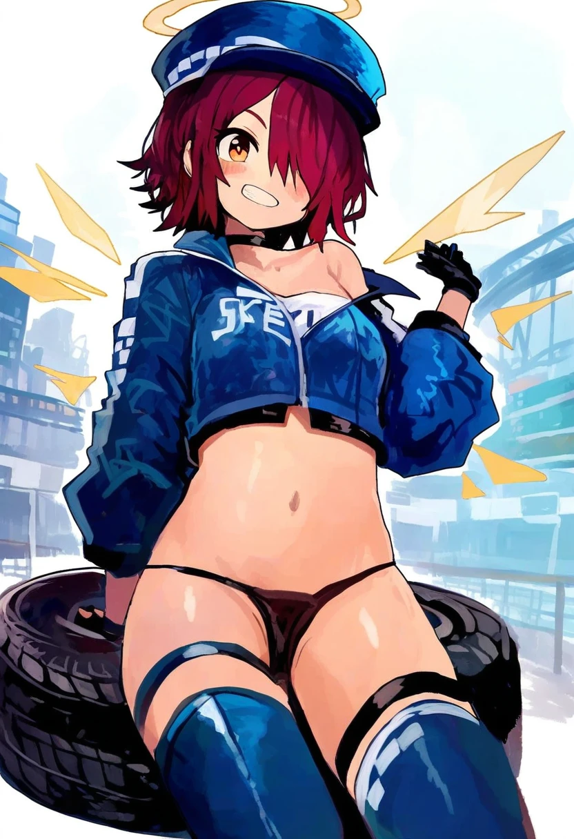 (kaamin \(mariarose753\),sy4,meito \(maze\),cierra\(ra-bit\),shexyo), - 1girl,exusiai \(arknights\),arknights,black gloves,black panties,blue thigh boots,blue hat,blue jacket,long sleeves,race queen,thigh strap,thong,single bare shoulder,skindentation,tire,