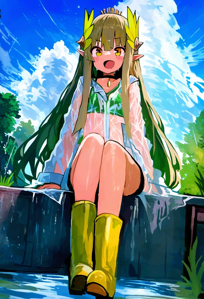 (kaamin \(mariarose753\),sy4,meito \(maze\),cierra\(ra-bit\),shexyo), - 1girl,muelsyse \(arknights\),arknights,cloudy sky,grass,on bench,outdoors,rain,road,yellow rubber boots,see-through coat,sitting,transparent raincoat,water drop,