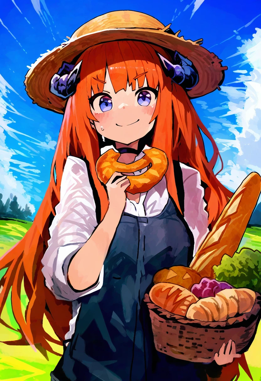 (kaamin \(mariarose753\),sy4,meito \(maze\),cierra\(ra-bit\),shexyo), - 1girl,bagpipe \(arknights\),arknights,baguette,blush,bread,croissant,holding basket,pretzel,upper body,straw hat,field,sky,laughing,sweat,sunlight,