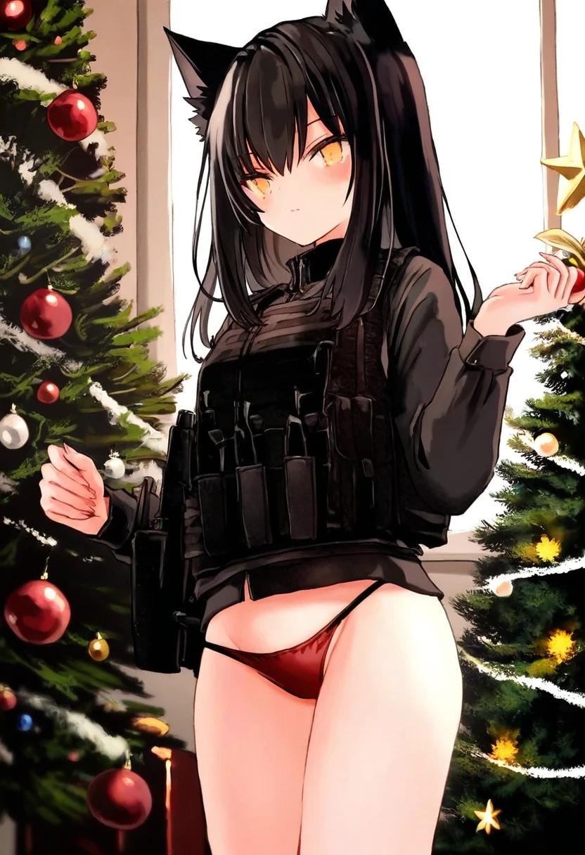 ([[sho \(sho lwlw\),as109]],nanase nao,hisona \(suaritesumi\),qtonagi,katahira masashi,((chen bin))), - 1girl,texas \(arknights\),arknights,underwear,tactical vest,christmas tree,christmas ornaments,