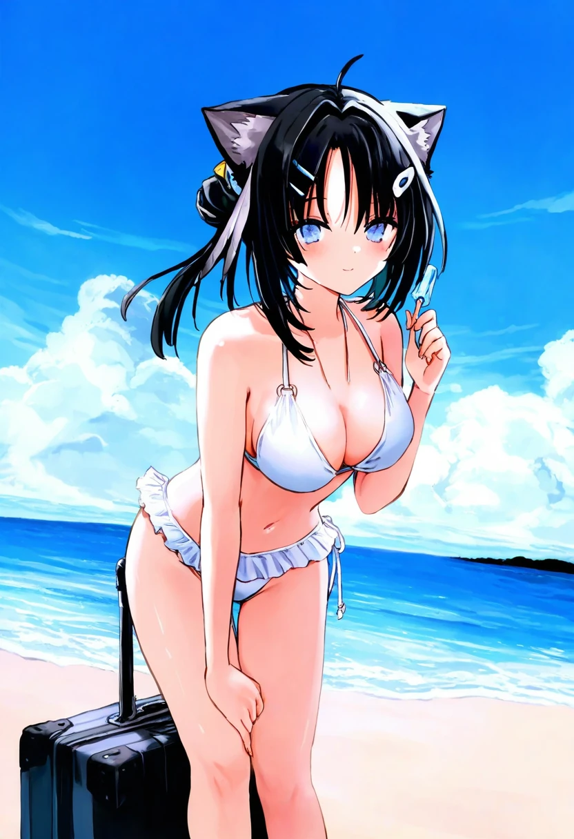 ([[sho \(sho lwlw\),as109]],nanase nao,hisona \(suaritesumi\),qtonagi,katahira masashi,((chen bin))), - 1girl,la pluma \(summer flowers\) \(arknights\),arknights,white bikini,outdoors,navel,day,sky,blue sky,beach,suitcase,looking at viewer,ocean,low-tied long hair,leaning forward,standing,holding,frills,hand up,bare shoulders,floating hair,