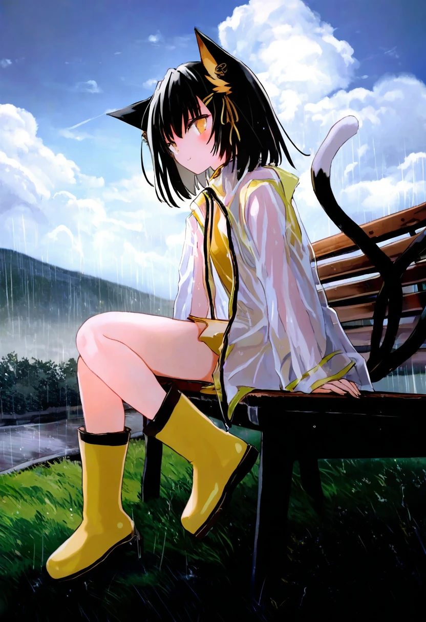 ([[sho \(sho lwlw\),as109]],nanase nao,hisona \(suaritesumi\),qtonagi,katahira masashi,((chen bin))), - 1girl,muelsyse \(arknights\),arknights,cloudy sky,grass,on bench,outdoors,rain,road,yellow rubber boots,see-through coat,sitting,transparent raincoat,water drop,