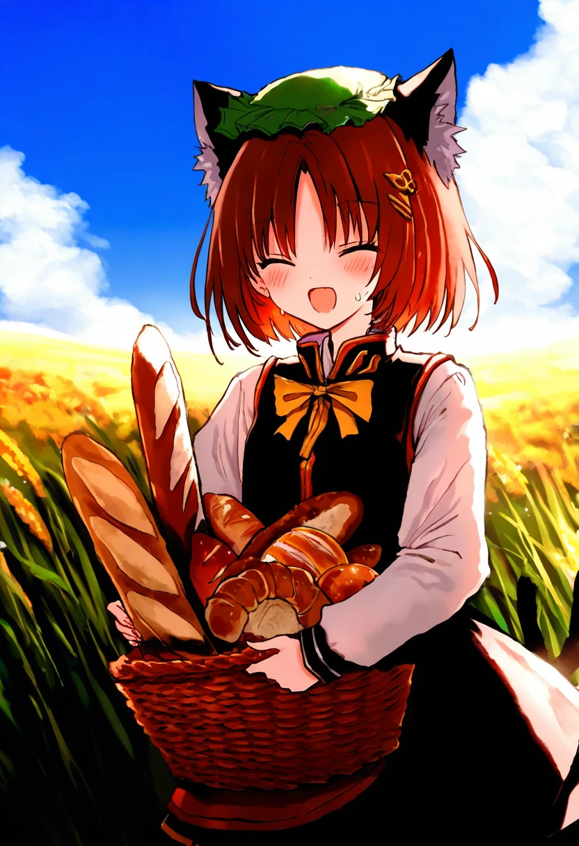([[sho \(sho lwlw\),as109]],nanase nao,hisona \(suaritesumi\),qtonagi,katahira masashi,((chen bin))), - 1girl,bagpipe \(arknights\),arknights,baguette,blush,bread,croissant,holding basket,pretzel,upper body,straw hat,field,sky,laughing,sweat,sunlight,