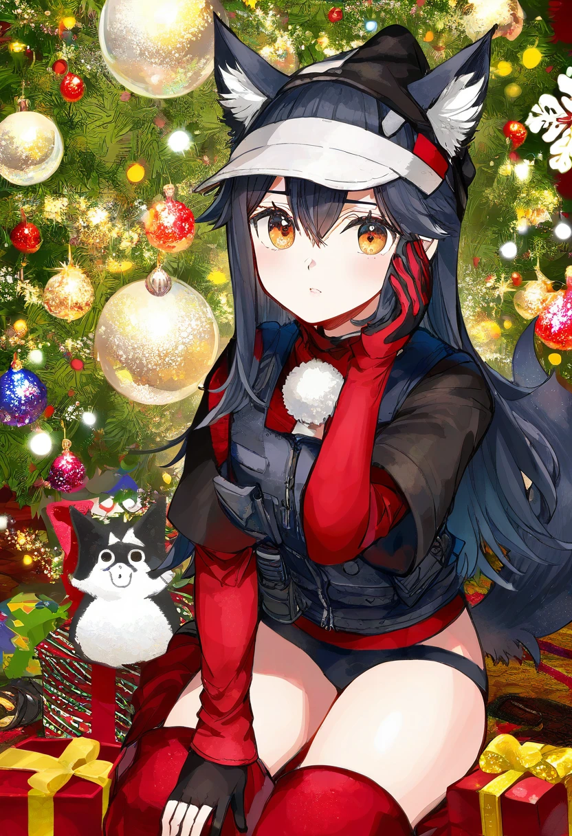 (nixeu,momoko\(momopoco\),yoshinari you,itomugi-kun,fujima takuya), - 1girl,texas \(arknights\),arknights,underwear,tactical vest,christmas tree,christmas ornaments,