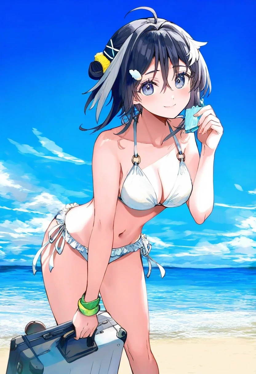 (nixeu,momoko\(momopoco\),yoshinari you,itomugi-kun,fujima takuya), - 1girl,la pluma \(summer flowers\) \(arknights\),arknights,white bikini,outdoors,navel,day,sky,blue sky,beach,suitcase,looking at viewer,ocean,low-tied long hair,leaning forward,standing,holding,frills,hand up,bare shoulders,floating hair,