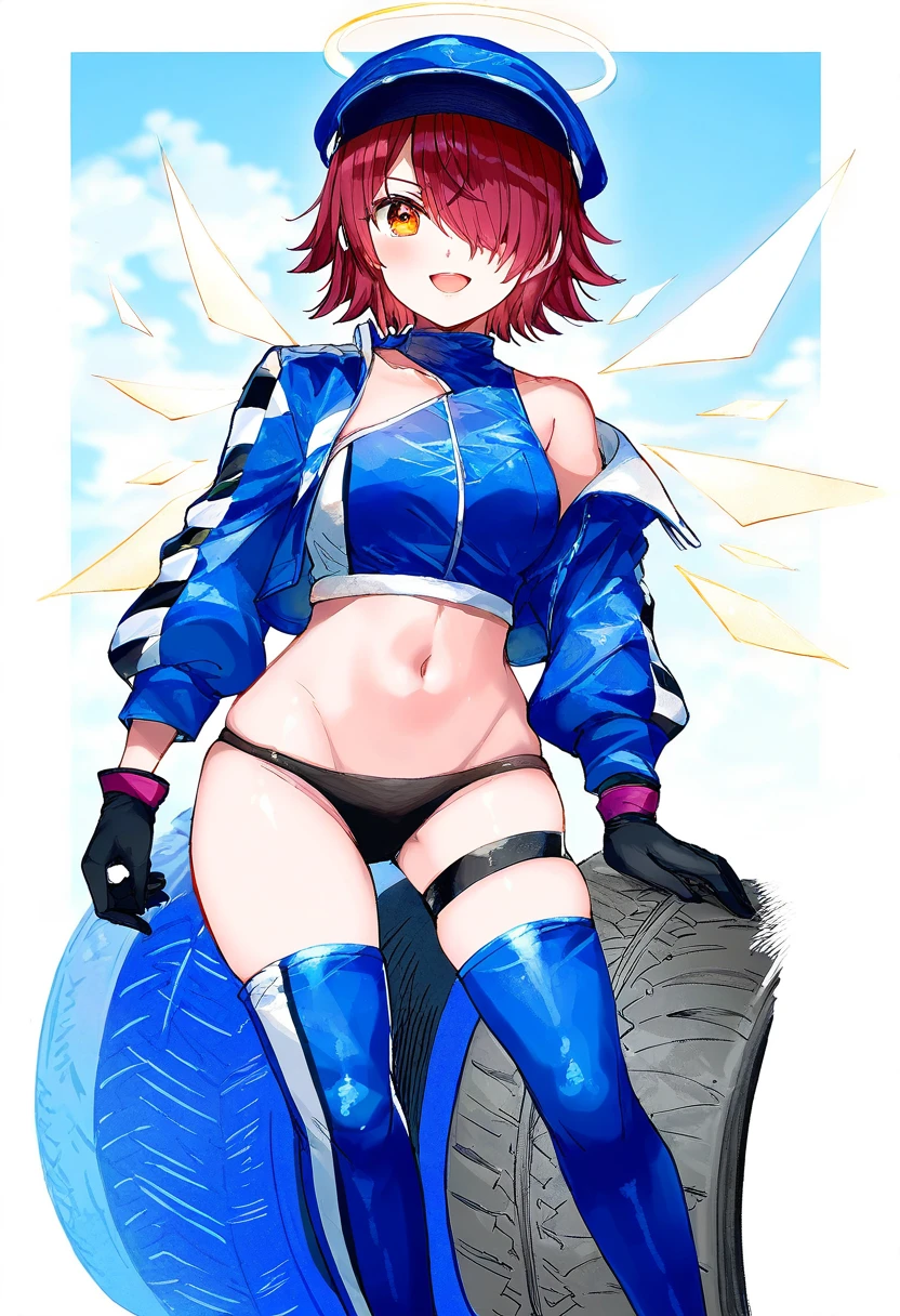 (nixeu,momoko\(momopoco\),yoshinari you,itomugi-kun,fujima takuya), - 1girl,exusiai \(arknights\),arknights,black gloves,black panties,blue thigh boots,blue hat,blue jacket,long sleeves,race queen,thigh strap,thong,single bare shoulder,skindentation,tire,