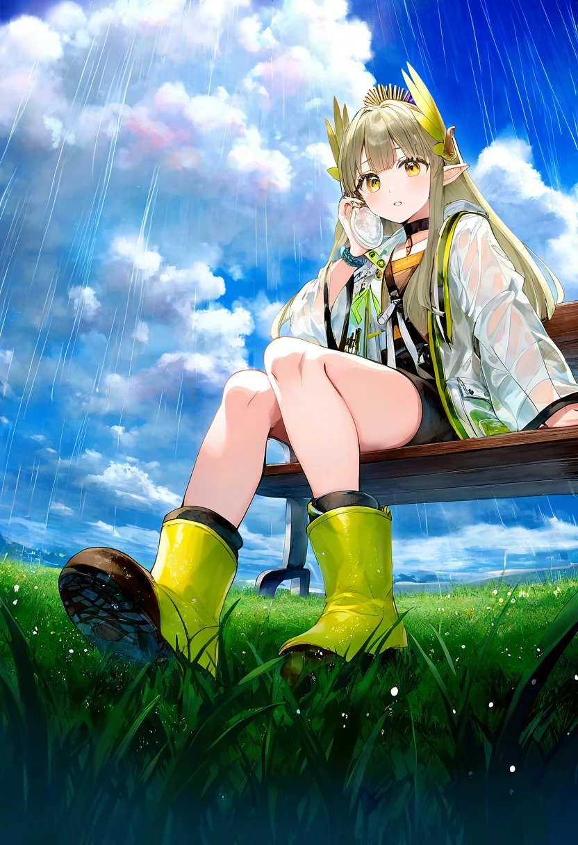 (nixeu,momoko\(momopoco\),yoshinari you,itomugi-kun,fujima takuya), - 1girl,muelsyse \(arknights\),arknights,cloudy sky,grass,on bench,outdoors,rain,road,yellow rubber boots,see-through coat,sitting,transparent raincoat,water drop,
