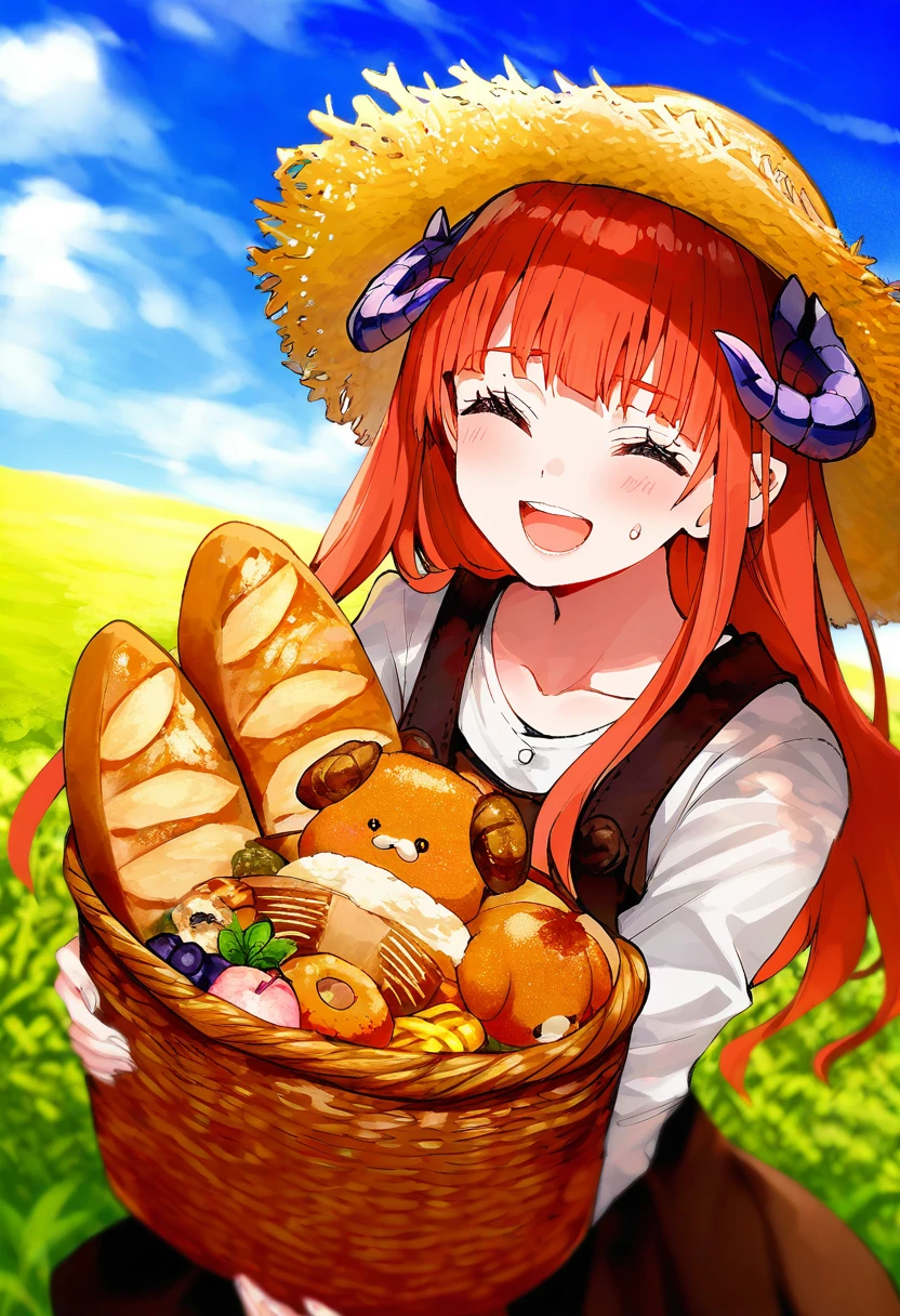 (nixeu,momoko\(momopoco\),yoshinari you,itomugi-kun,fujima takuya), - 1girl,bagpipe \(arknights\),arknights,baguette,blush,bread,croissant,holding basket,pretzel,upper body,straw hat,field,sky,laughing,sweat,sunlight,