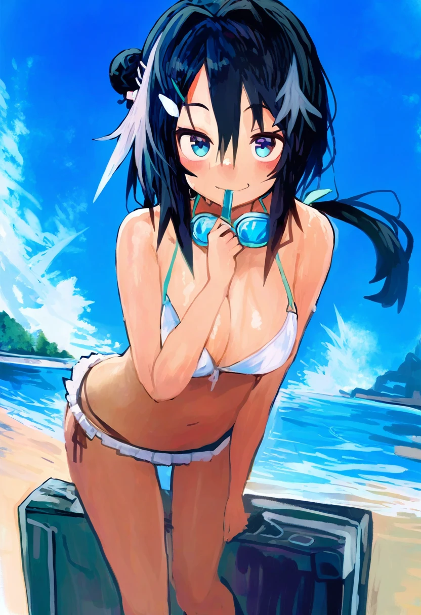 (kaamin \(mariarose753\),sy4,meito \(maze\),cierra\(ra-bit\),shexyo,toi8), - 1girl,la pluma \(summer flowers\) \(arknights\),arknights,white bikini,outdoors,navel,day,sky,blue sky,beach,suitcase,looking at viewer,ocean,low-tied long hair,leaning forward,standing,holding,frills,hand up,bare shoulders,floating hair,