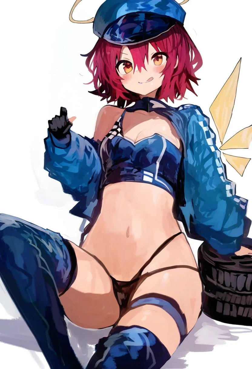 (kaamin \(mariarose753\),sy4,meito \(maze\),cierra\(ra-bit\),shexyo,toi8), - 1girl,exusiai \(arknights\),arknights,black gloves,black panties,blue thigh boots,blue hat,blue jacket,long sleeves,race queen,thigh strap,thong,single bare shoulder,skindentation,tire,
