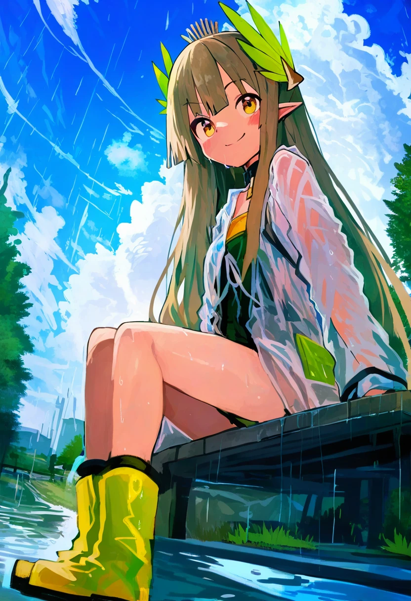 (kaamin \(mariarose753\),sy4,meito \(maze\),cierra\(ra-bit\),shexyo,toi8), - 1girl,muelsyse \(arknights\),arknights,cloudy sky,grass,on bench,outdoors,rain,road,yellow rubber boots,see-through coat,sitting,transparent raincoat,water drop,