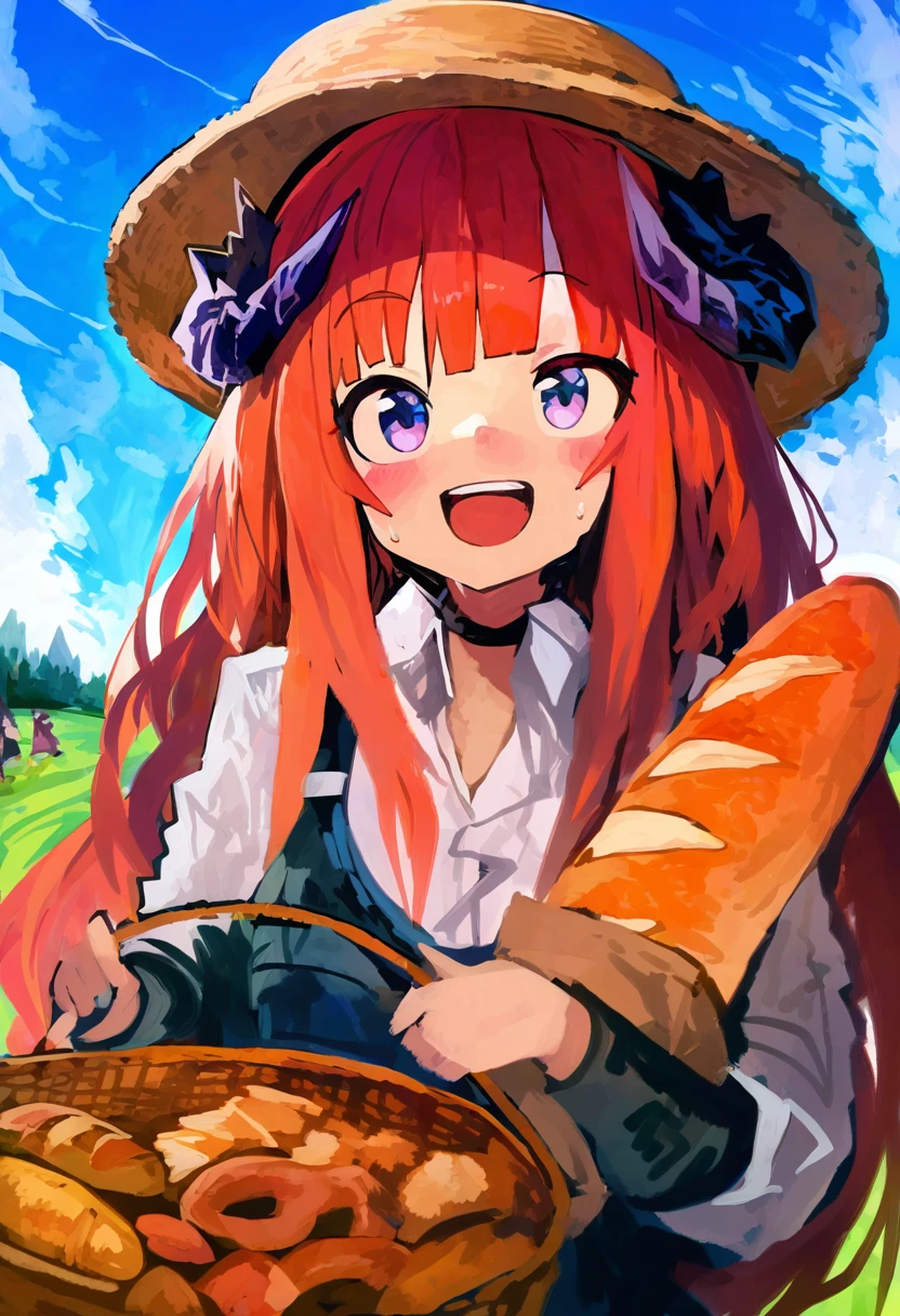 (kaamin \(mariarose753\),sy4,meito \(maze\),cierra\(ra-bit\),shexyo,toi8), - 1girl,bagpipe \(arknights\),arknights,baguette,blush,bread,croissant,holding basket,pretzel,upper body,straw hat,field,sky,laughing,sweat,sunlight,