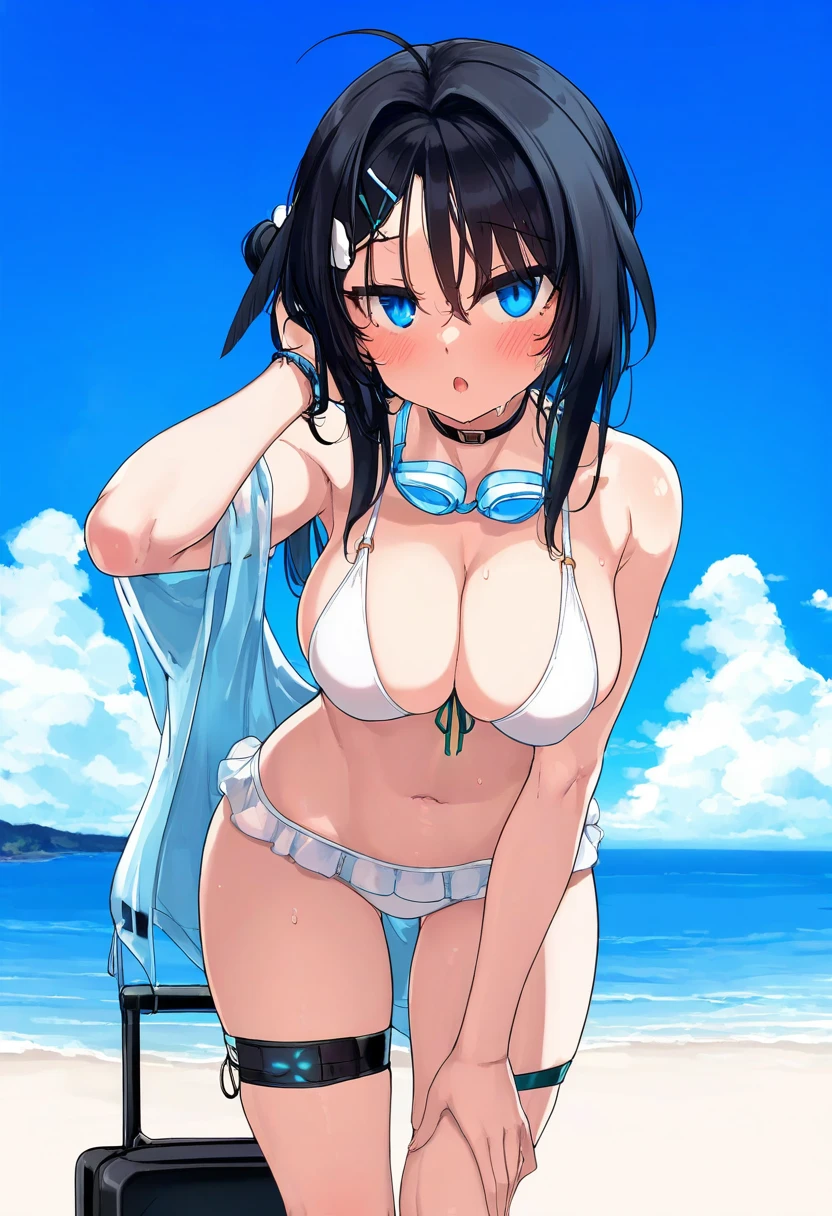 null \(nyanpyoun\),yuuji \(and\),meion,kani biimu,mamimi\(mamamimi\),hiten \(hitenkei\), - 1girl,la pluma \(summer flowers\) \(arknights\),arknights,white bikini,outdoors,navel,day,sky,blue sky,beach,suitcase,looking at viewer,ocean,low-tied long hair,leaning forward,standing,holding,frills,hand up,bare shoulders,floating hair,