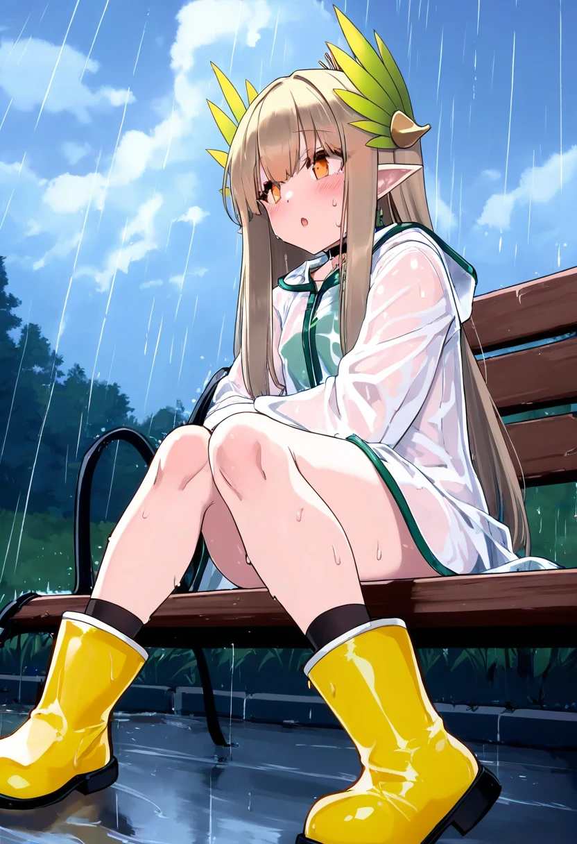 null \(nyanpyoun\),yuuji \(and\),meion,kani biimu,mamimi\(mamamimi\),hiten \(hitenkei\), - 1girl,muelsyse \(arknights\),arknights,cloudy sky,grass,on bench,outdoors,rain,road,yellow rubber boots,see-through coat,sitting,transparent raincoat,water drop,
