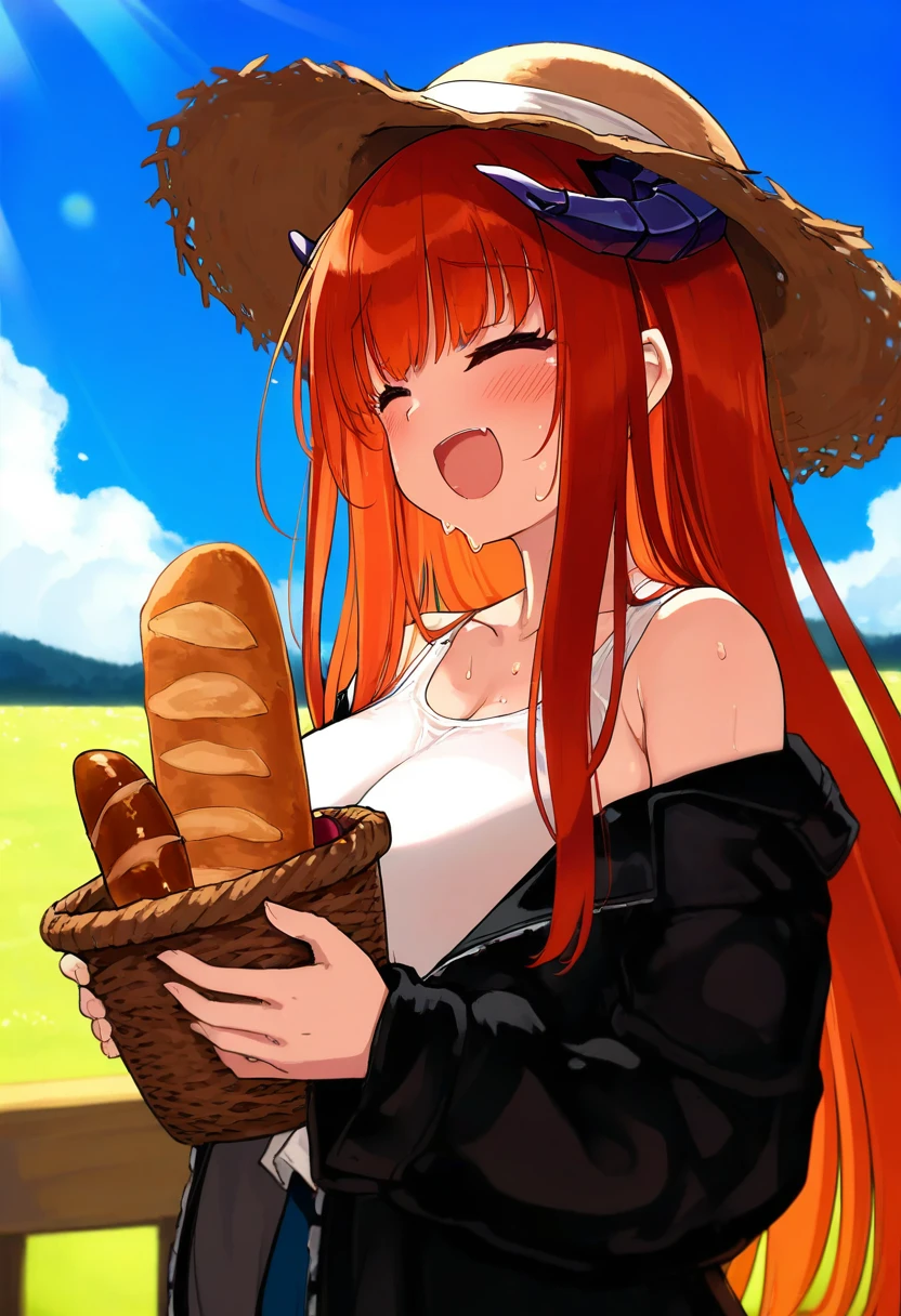 null \(nyanpyoun\),yuuji \(and\),meion,kani biimu,mamimi\(mamamimi\),hiten \(hitenkei\), - 1girl,bagpipe \(arknights\),arknights,baguette,blush,bread,croissant,holding basket,pretzel,upper body,straw hat,field,sky,laughing,sweat,sunlight,