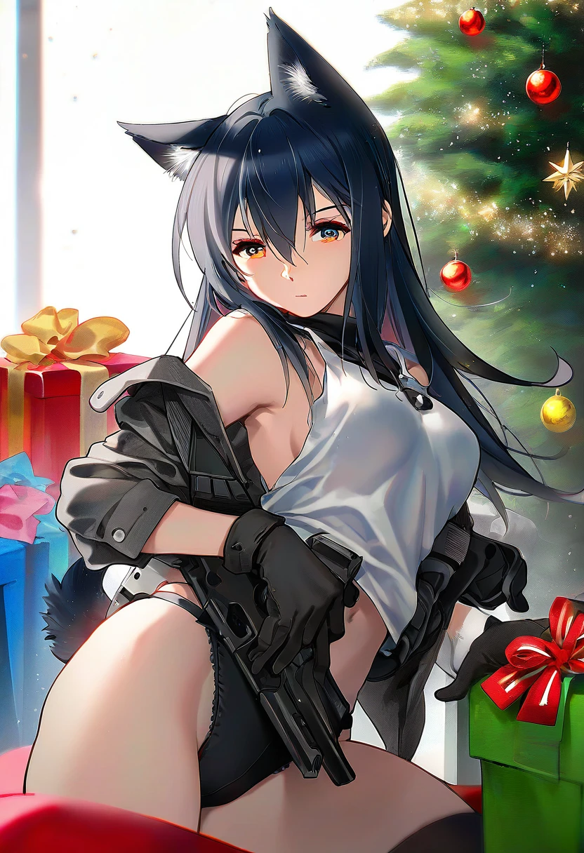 ((cui \(jidanhaidaitang\),katahira masashi,tidsean,mika pikazo)), - 1girl,texas \(arknights\),arknights,underwear,tactical vest,christmas tree,christmas ornaments,
