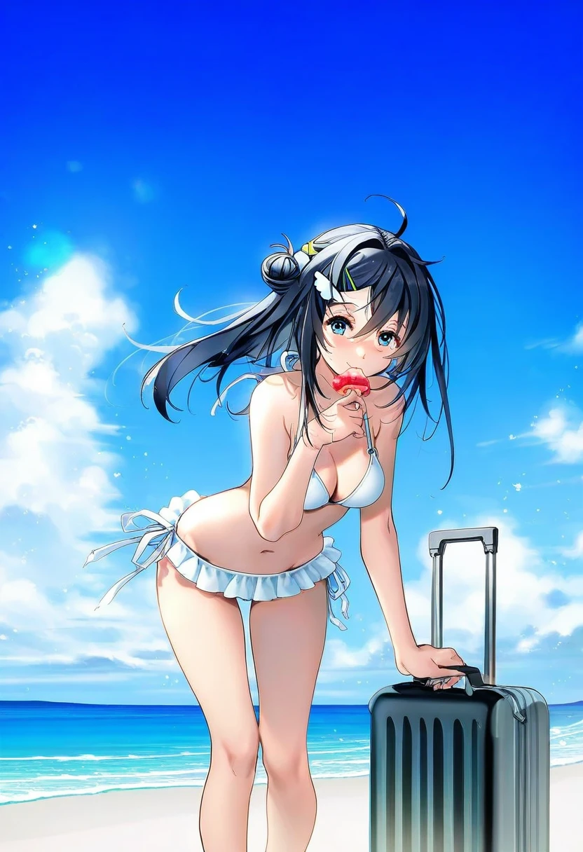 ((cui \(jidanhaidaitang\),katahira masashi,tidsean,mika pikazo)), - 1girl,la pluma \(summer flowers\) \(arknights\),arknights,white bikini,outdoors,navel,day,sky,blue sky,beach,suitcase,looking at viewer,ocean,low-tied long hair,leaning forward,standing,holding,frills,hand up,bare shoulders,floating hair,
