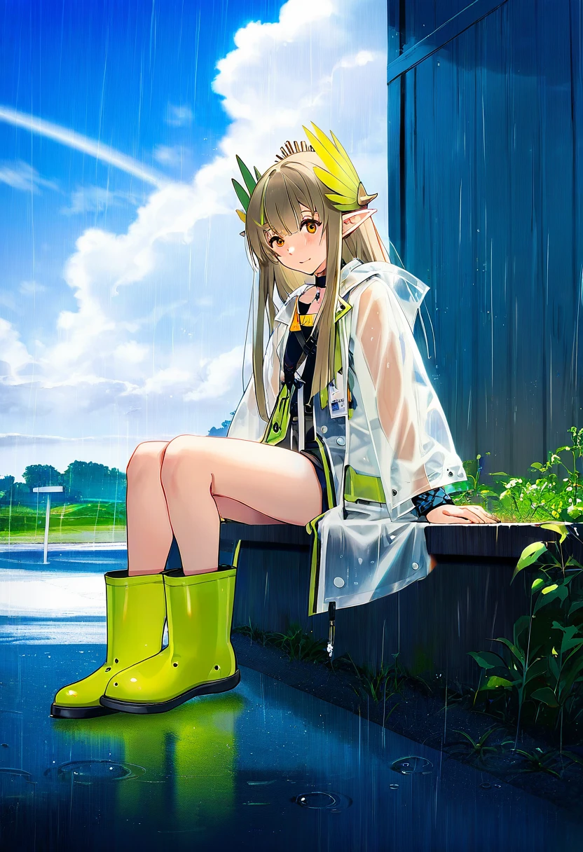 ((cui \(jidanhaidaitang\),katahira masashi,tidsean,mika pikazo)), - 1girl,muelsyse \(arknights\),arknights,cloudy sky,grass,on bench,outdoors,rain,road,yellow rubber boots,see-through coat,sitting,transparent raincoat,water drop,