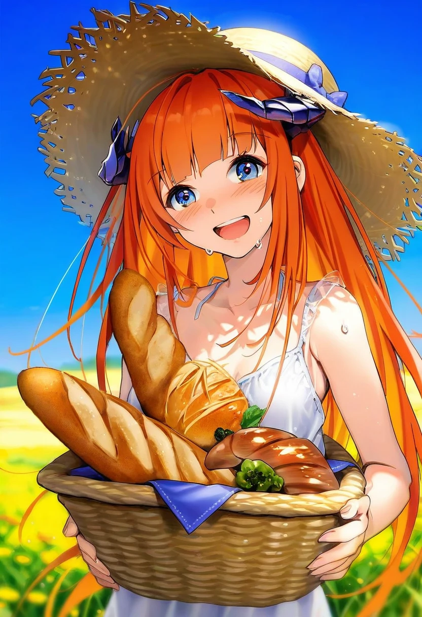 ((cui \(jidanhaidaitang\),katahira masashi,tidsean,mika pikazo)), - 1girl,bagpipe \(arknights\),arknights,baguette,blush,bread,croissant,holding basket,pretzel,upper body,straw hat,field,sky,laughing,sweat,sunlight,