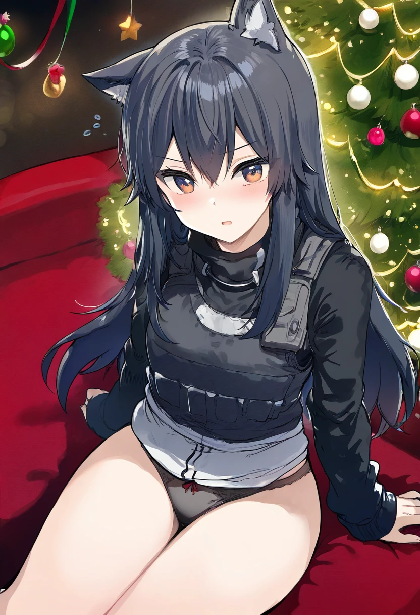 tokkyu,fujima takuya,ningen mame,hews,ikeuchi tanuma, - 1girl,texas \(arknights\),arknights,underwear,tactical vest,christmas tree,christmas ornaments,