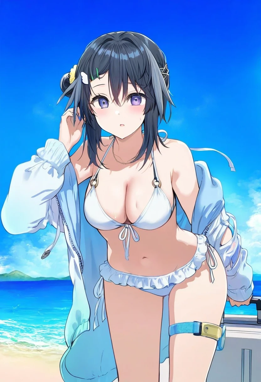 tokkyu,fujima takuya,ningen mame,hews,ikeuchi tanuma, - 1girl,la pluma \(summer flowers\) \(arknights\),arknights,white bikini,outdoors,navel,day,sky,blue sky,beach,suitcase,looking at viewer,ocean,low-tied long hair,leaning forward,standing,holding,frills,hand up,bare shoulders,floating hair,