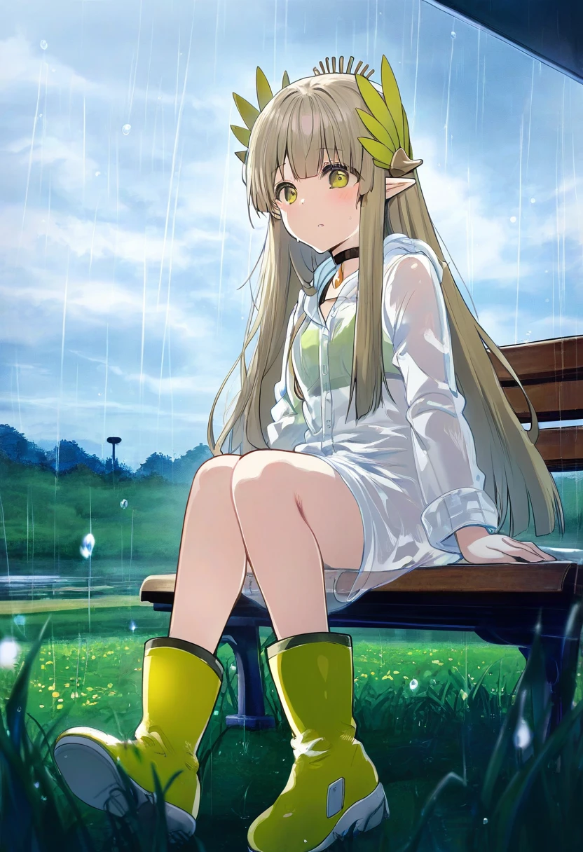 tokkyu,fujima takuya,ningen mame,hews,ikeuchi tanuma, - 1girl,muelsyse \(arknights\),arknights,cloudy sky,grass,on bench,outdoors,rain,road,yellow rubber boots,see-through coat,sitting,transparent raincoat,water drop,
