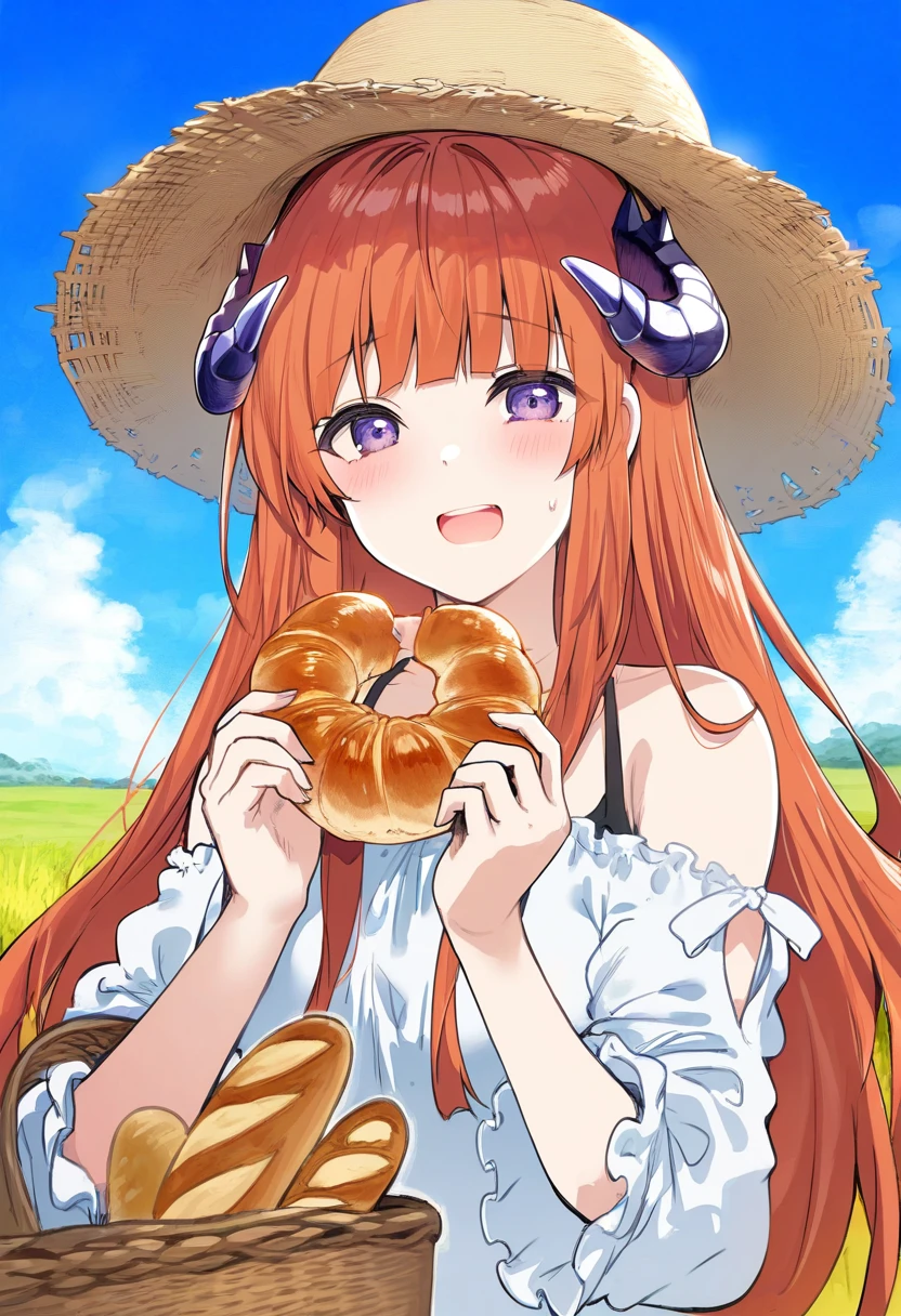 tokkyu,fujima takuya,ningen mame,hews,ikeuchi tanuma, - 1girl,bagpipe \(arknights\),arknights,baguette,blush,bread,croissant,holding basket,pretzel,upper body,straw hat,field,sky,laughing,sweat,sunlight,