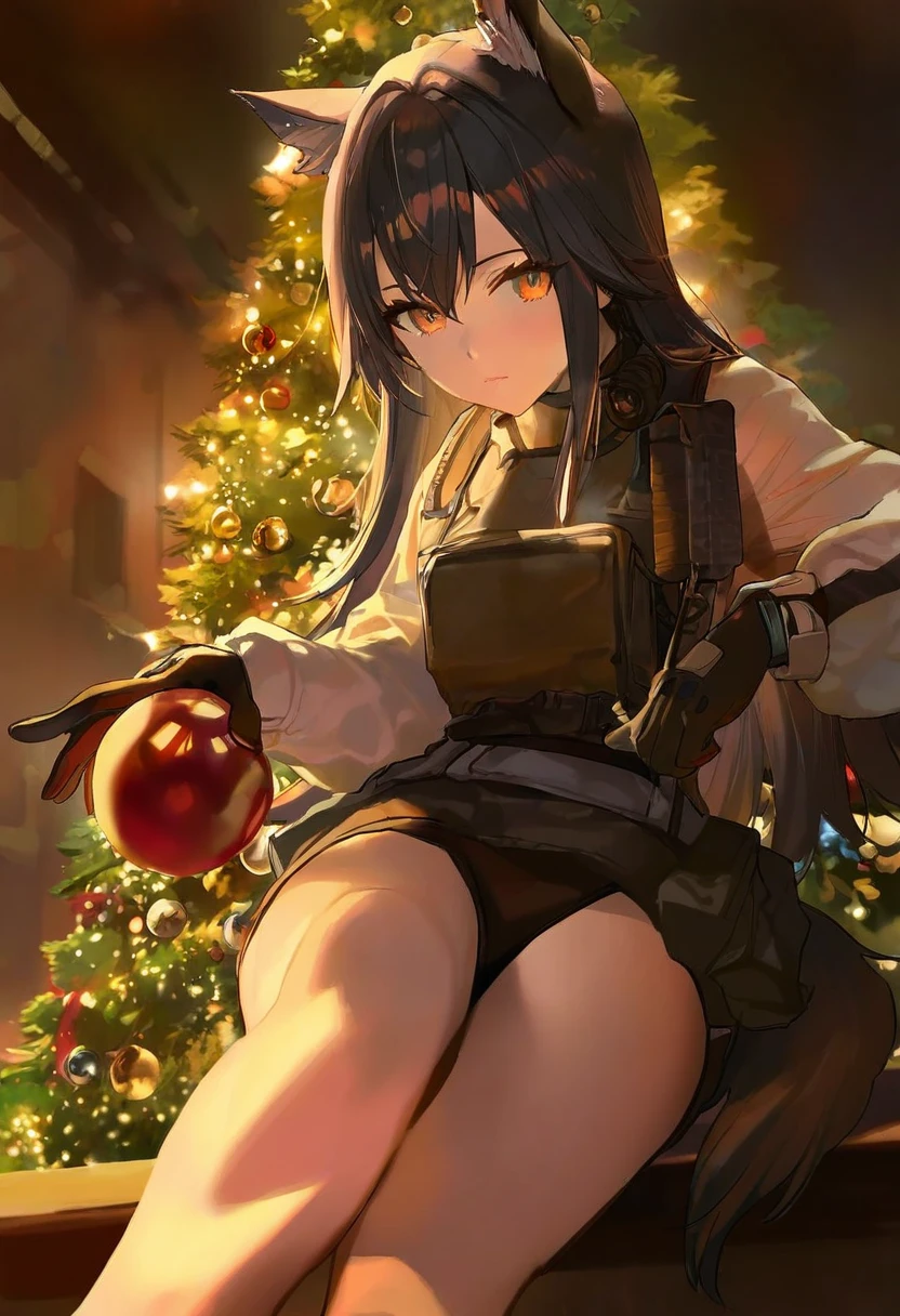 momoko\(momopoco\),modare,yoneyama mai,nixeu,ask\(askzy\), - 1girl,texas \(arknights\),arknights,underwear,tactical vest,christmas tree,christmas ornaments,
