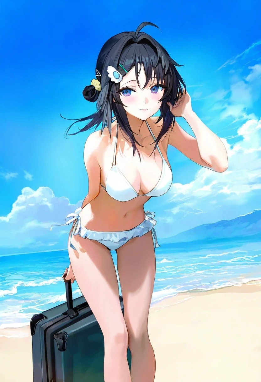 momoko\(momopoco\),modare,yoneyama mai,nixeu,ask\(askzy\), - 1girl,la pluma \(summer flowers\) \(arknights\),arknights,white bikini,outdoors,navel,day,sky,blue sky,beach,suitcase,looking at viewer,ocean,low-tied long hair,leaning forward,standing,holding,frills,hand up,bare shoulders,floating hair,
