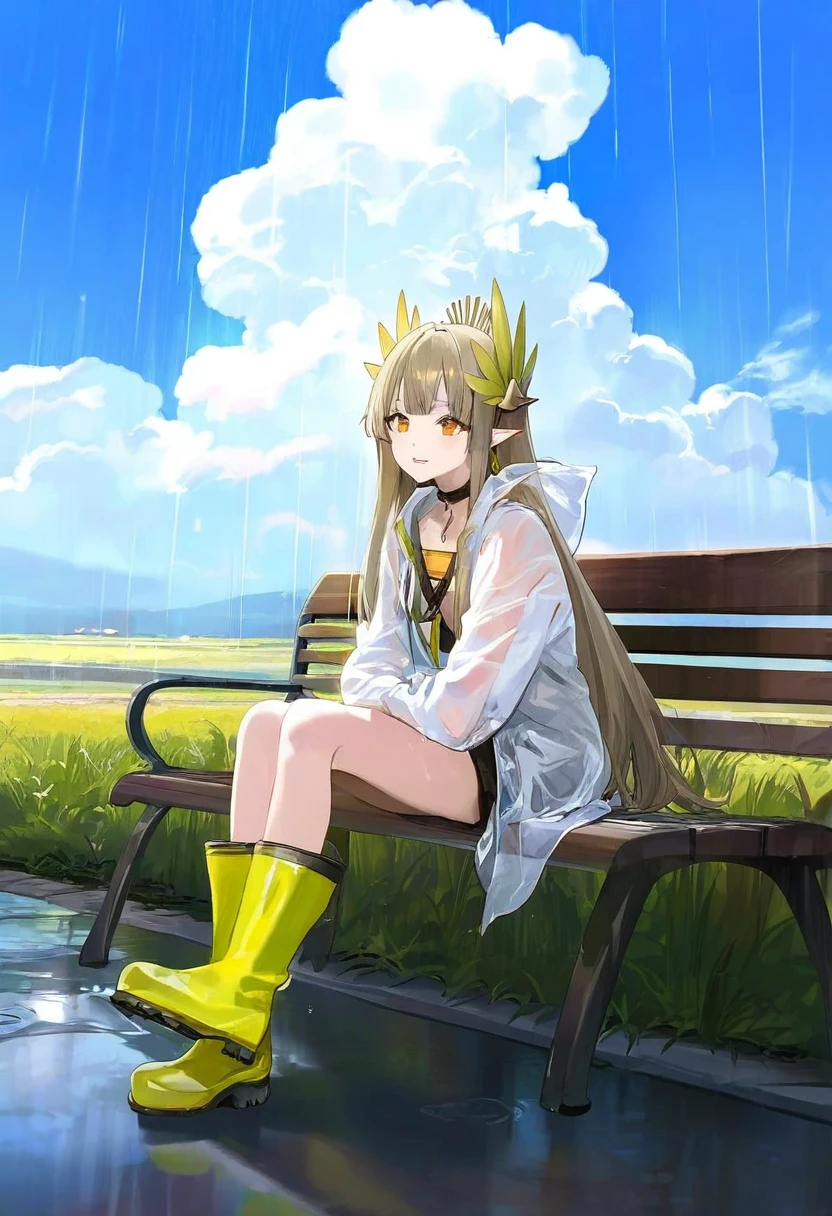 momoko\(momopoco\),modare,yoneyama mai,nixeu,ask\(askzy\), - 1girl,muelsyse \(arknights\),arknights,cloudy sky,grass,on bench,outdoors,rain,road,yellow rubber boots,see-through coat,sitting,transparent raincoat,water drop,