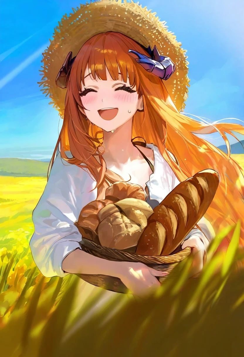momoko\(momopoco\),modare,yoneyama mai,nixeu,ask\(askzy\), - 1girl,bagpipe \(arknights\),arknights,baguette,blush,bread,croissant,holding basket,pretzel,upper body,straw hat,field,sky,laughing,sweat,sunlight,