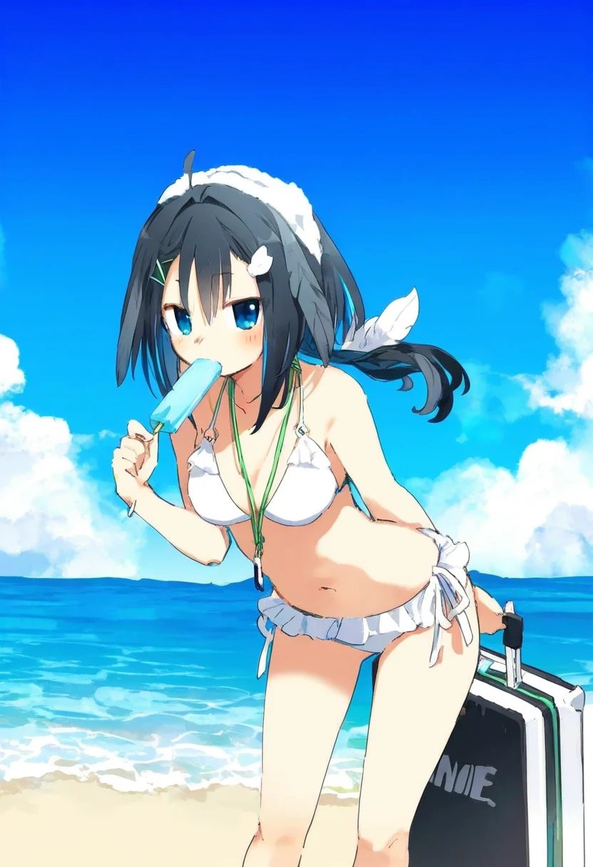 ((onineko,amazuyu tatsuki,rebecca \(keinelove\),namie,kaigen 1025)), - 1girl,la pluma \(summer flowers\) \(arknights\),arknights,white bikini,outdoors,navel,day,sky,blue sky,beach,suitcase,looking at viewer,ocean,low-tied long hair,leaning forward,standing,holding,frills,hand up,bare shoulders,floating hair,