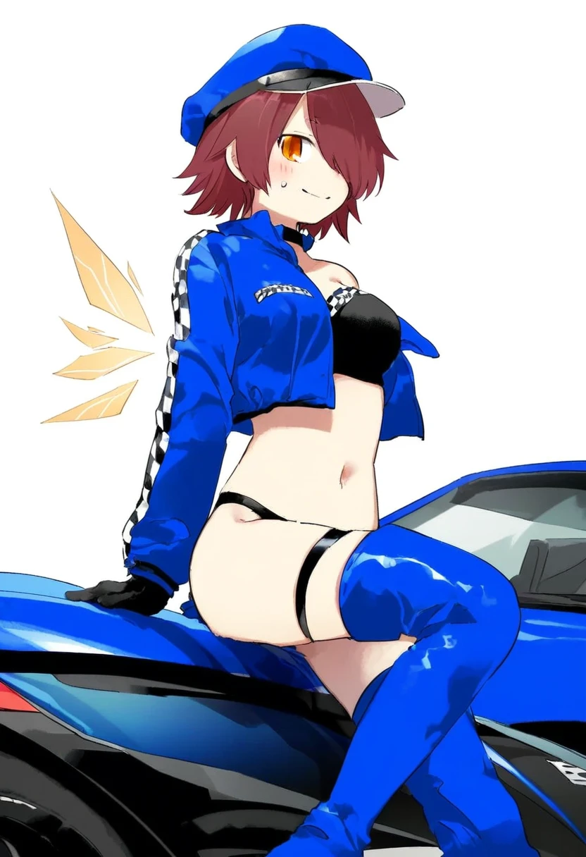 ((onineko,amazuyu tatsuki,rebecca \(keinelove\),namie,kaigen 1025)), - 1girl,exusiai \(arknights\),arknights,black gloves,black panties,blue thigh boots,blue hat,blue jacket,long sleeves,race queen,thigh strap,thong,single bare shoulder,skindentation,tire,