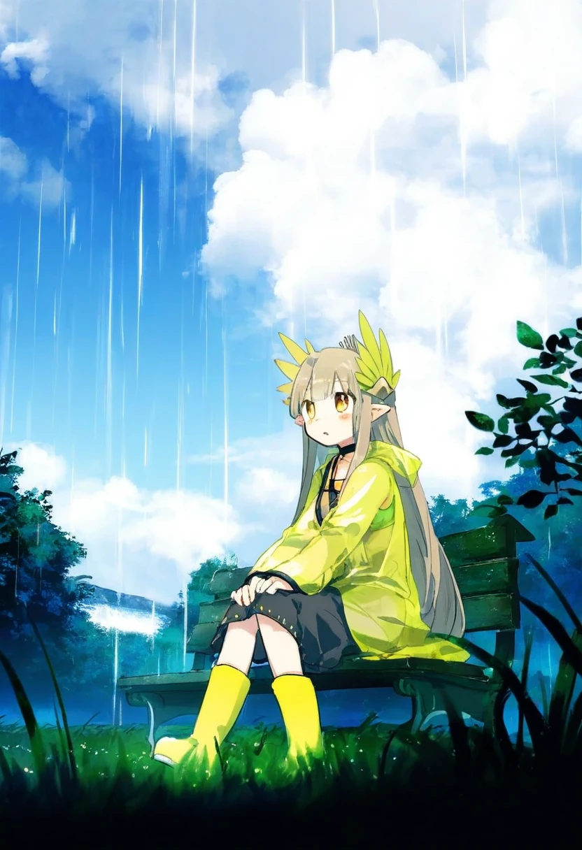 ((onineko,amazuyu tatsuki,rebecca \(keinelove\),namie,kaigen 1025)), - 1girl,muelsyse \(arknights\),arknights,cloudy sky,grass,on bench,outdoors,rain,road,yellow rubber boots,see-through coat,sitting,transparent raincoat,water drop,