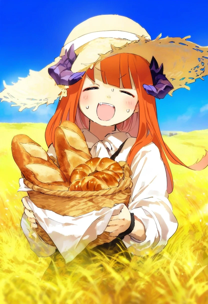 ((onineko,amazuyu tatsuki,rebecca \(keinelove\),namie,kaigen 1025)), - 1girl,bagpipe \(arknights\),arknights,baguette,blush,bread,croissant,holding basket,pretzel,upper body,straw hat,field,sky,laughing,sweat,sunlight,