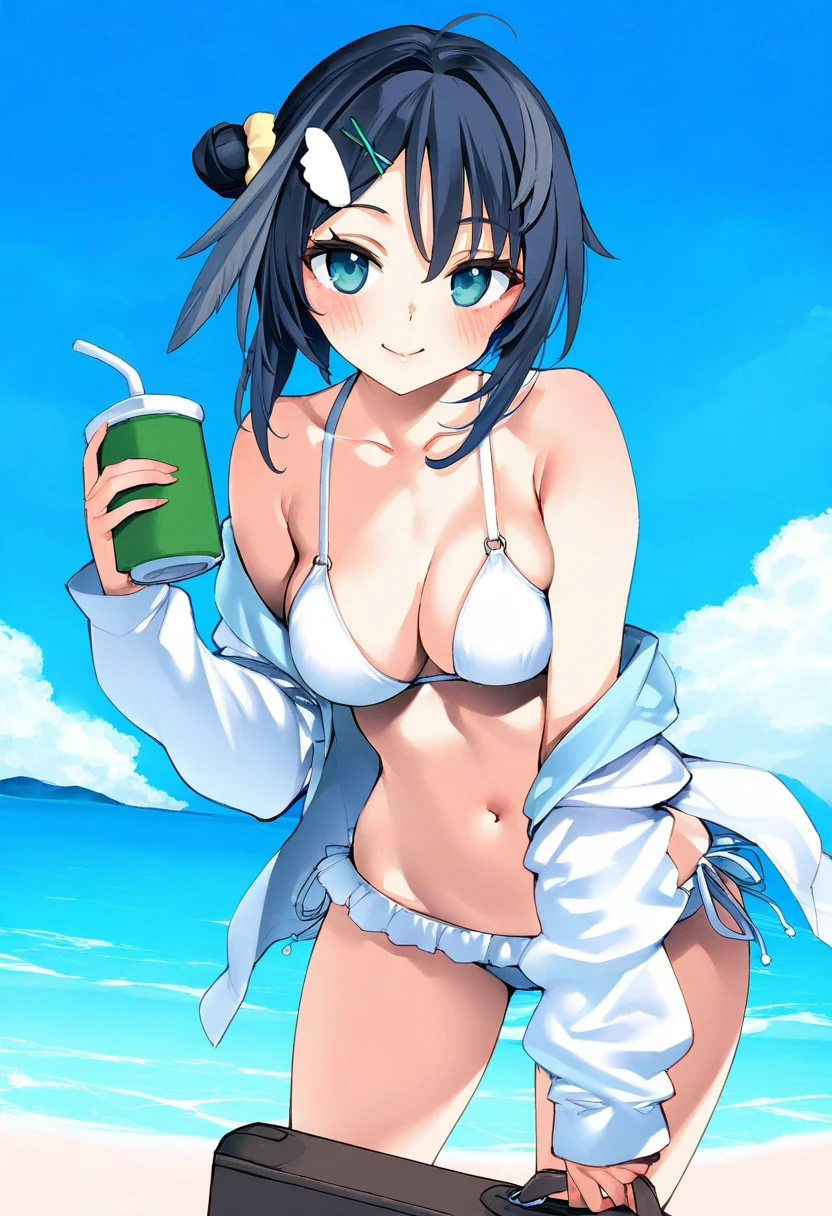 ebifurya,fumio \(rsqkr\),kani biimu,sy4, - 1girl,la pluma \(summer flowers\) \(arknights\),arknights,white bikini,outdoors,navel,day,sky,blue sky,beach,suitcase,looking at viewer,ocean,low-tied long hair,leaning forward,standing,holding,frills,hand up,bare shoulders,floating hair,