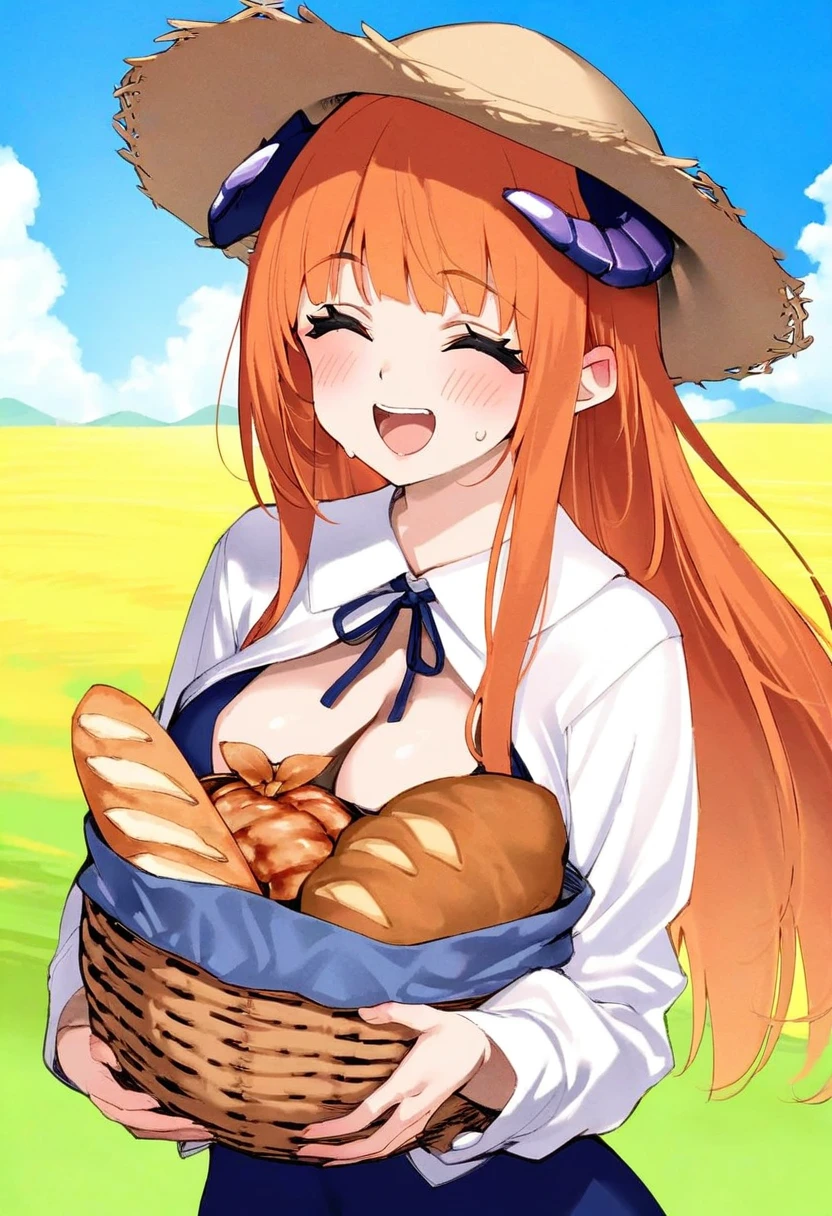 ebifurya,fumio \(rsqkr\),kani biimu,sy4, - 1girl,bagpipe \(arknights\),arknights,baguette,blush,bread,croissant,holding basket,pretzel,upper body,straw hat,field,sky,laughing,sweat,sunlight,