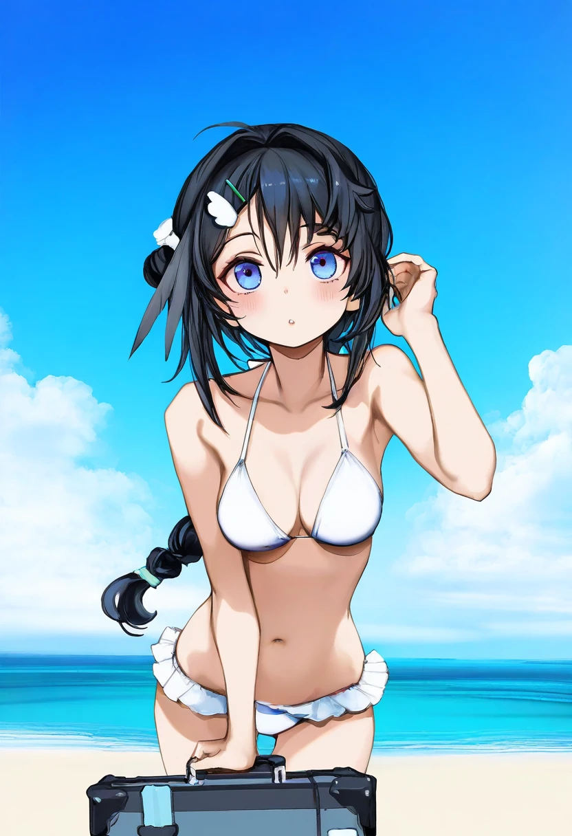 nanashi \(nlo\),ask\(askzy\),yuuji \(and\),phantom ix row,lm7\(op-center\),mamimi \(mamamimi\), - 1girl,la pluma \(summer flowers\) \(arknights\),arknights,white bikini,outdoors,navel,day,sky,blue sky,beach,suitcase,looking at viewer,ocean,low-tied long hair,leaning forward,standing,holding,frills,hand up,bare shoulders,floating hair,