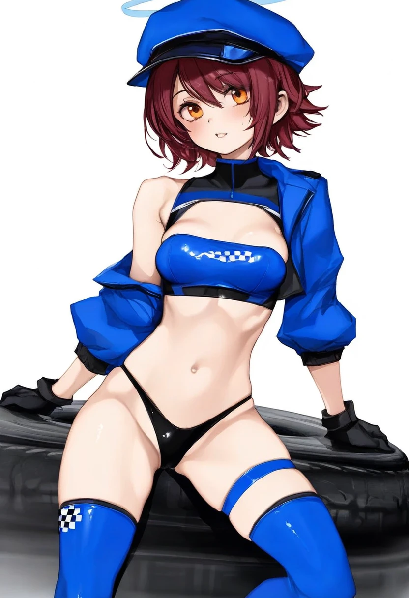 nanashi \(nlo\),ask\(askzy\),yuuji \(and\),phantom ix row,lm7\(op-center\),mamimi \(mamamimi\), - 1girl,exusiai \(arknights\),arknights,black gloves,black panties,blue thigh boots,blue hat,blue jacket,long sleeves,race queen,thigh strap,thong,single bare shoulder,skindentation,tire,